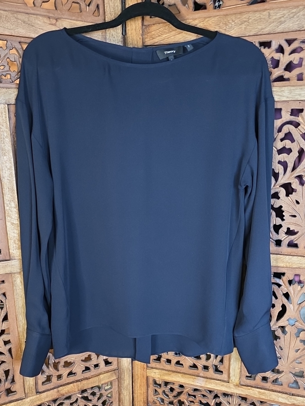 Theory Navy Long Sleeve Silk-Blend Blouse